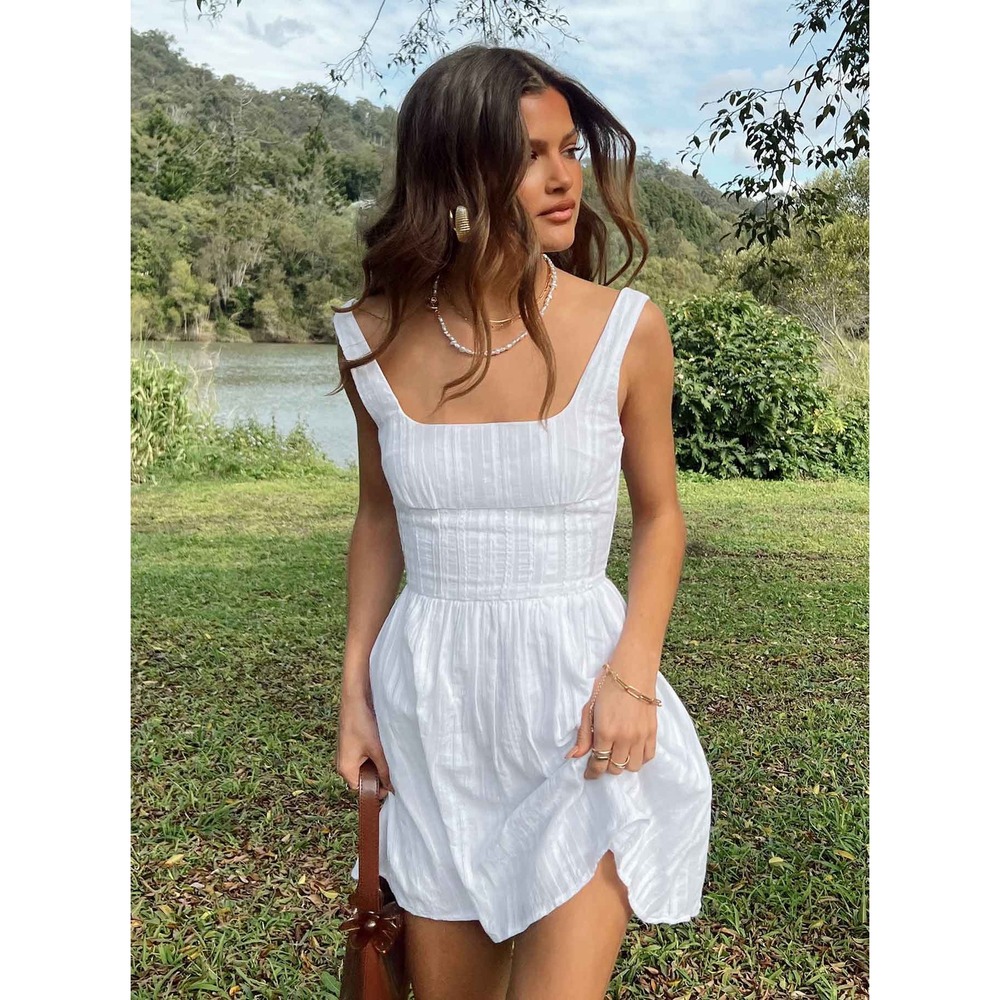 Princess Polly Eyelet Mini Dress Milkmaid Coquette Smocked Lace Trim Womens 6